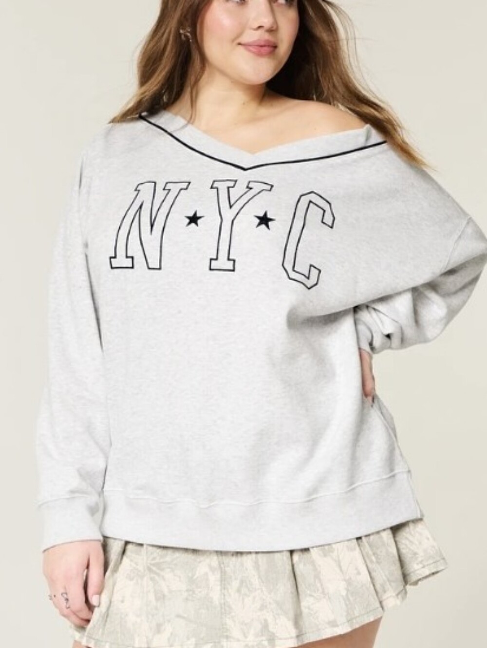 Hollister Light Gray V-Neck Sweatshirt with Navy Embroidered 'NYC'